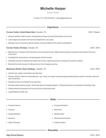 Furnace Tender Resume