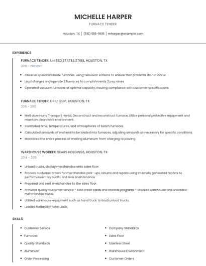 Furnace Tender Resume