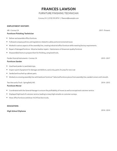 Furniture Finishing Technician Resume