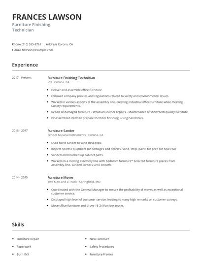 Furniture Finishing Technician Resume