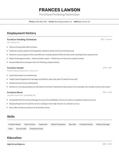 Furniture Finishing Technician Resume