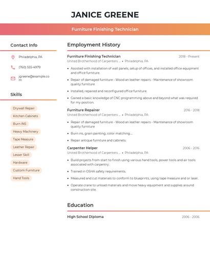Furniture Finishing Technician Resume