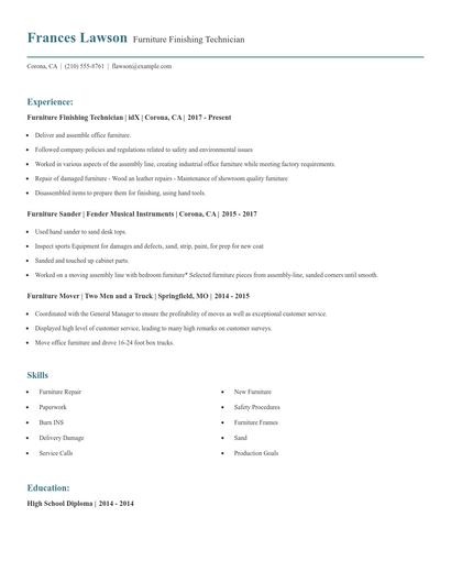 Furniture Finishing Technician Resume