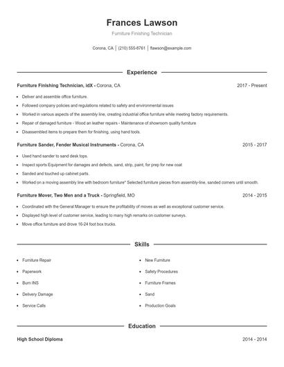 Furniture Finishing Technician Resume