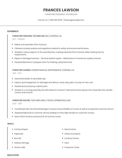 Furniture Finishing Technician Resume