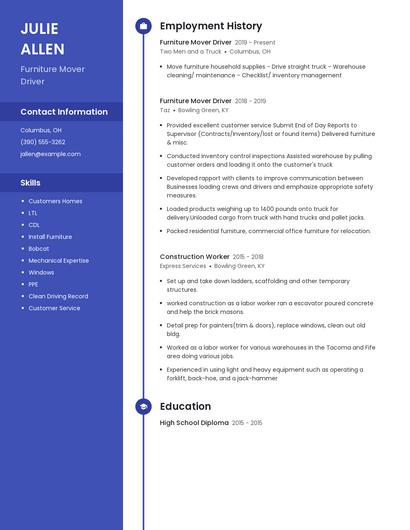 Furniture Mover Driver Resume