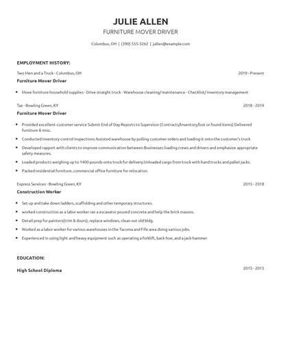 Furniture Mover Driver Resume