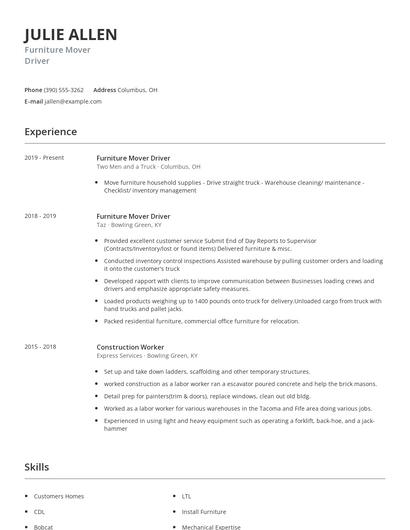 Furniture Mover Driver Resume
