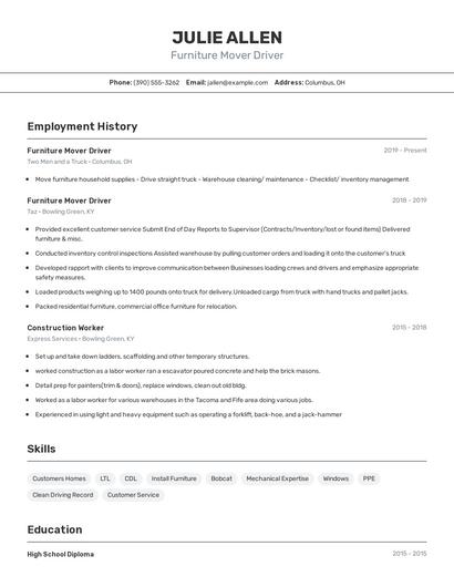 Furniture Mover Driver Resume