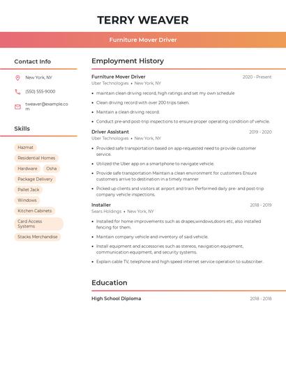 Furniture Mover Driver Resume