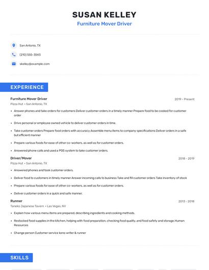 Furniture Mover Driver Resume