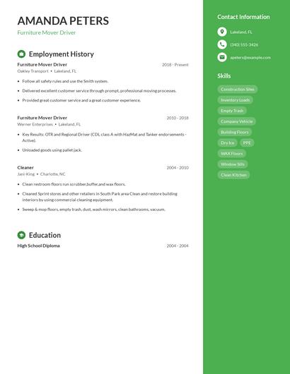Furniture Mover Driver Resume