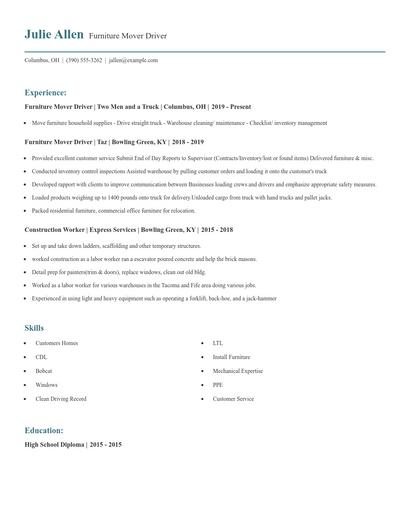 Furniture Mover Driver Resume