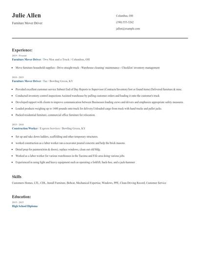 Furniture Mover Driver Resume