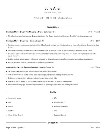 Furniture Mover Driver Resume