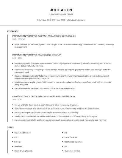 Furniture Mover Driver Resume