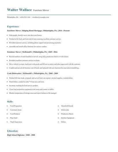 Furniture Mover Resume