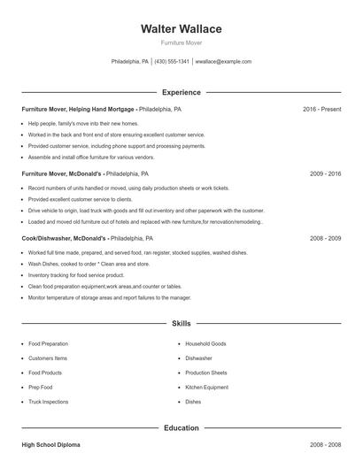 Furniture Mover Resume
