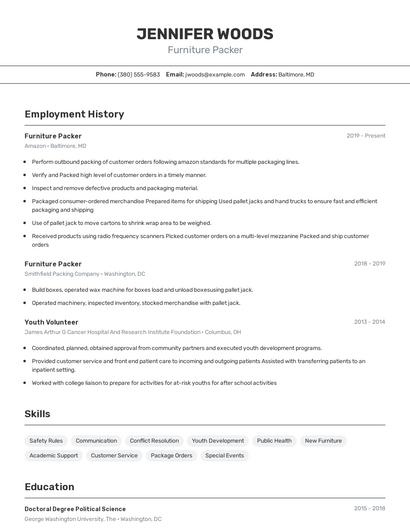 Furniture Packer Resume