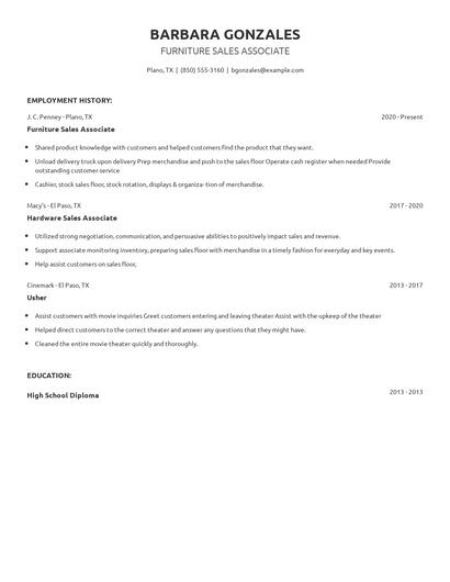 Furniture Sales Associate Resume