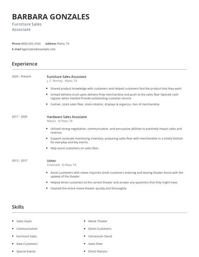 Furniture Sales Associate Resume