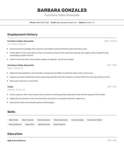Furniture Sales Associate Resume