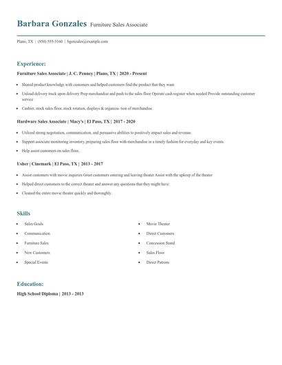 Furniture Sales Associate Resume