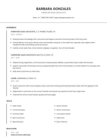 Furniture Sales Associate Resume