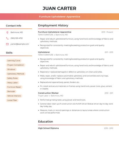 Furniture Upholsterer Apprentice Resume