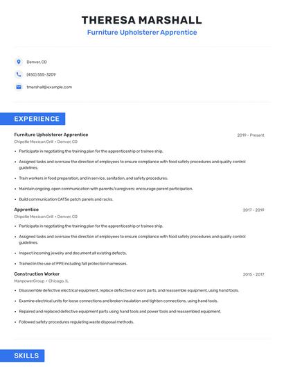 Furniture Upholsterer Apprentice Resume
