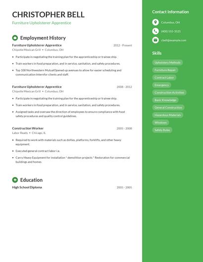 Furniture Upholsterer Apprentice Resume