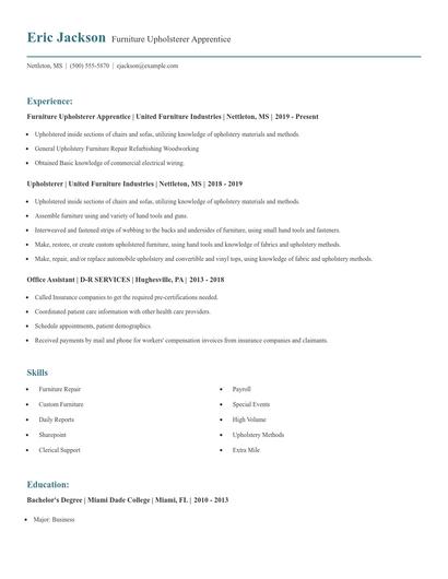 Furniture Upholsterer Apprentice Resume