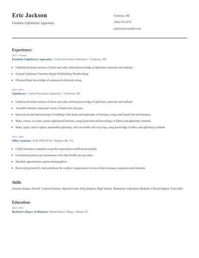 Furniture Upholsterer Apprentice Resume