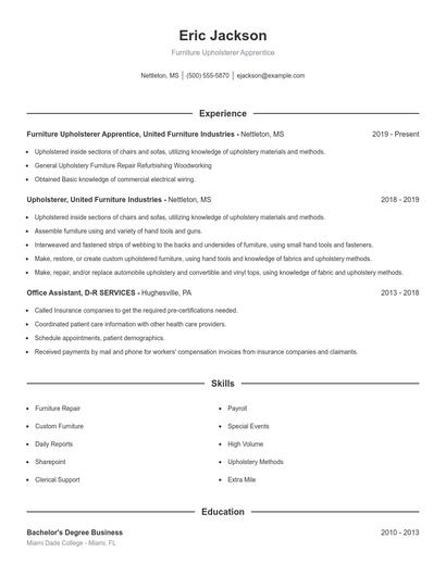 Furniture Upholsterer Apprentice Resume