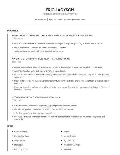 Furniture Upholsterer Apprentice Resume