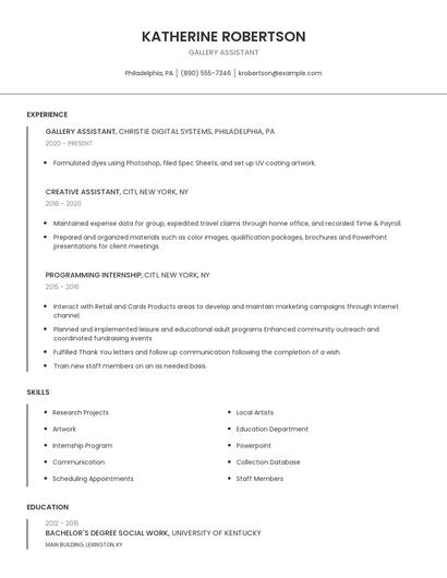 Gallery Assistant Resume
