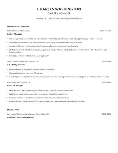 Gallery Manager Resume