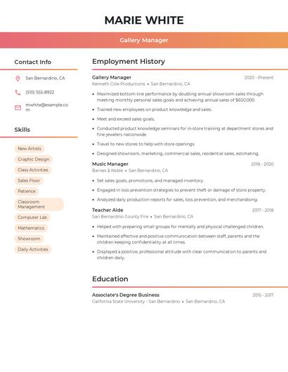 Gallery Manager Resume