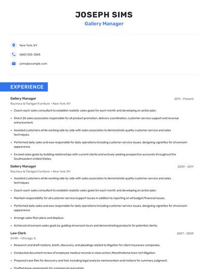 Gallery Manager Resume