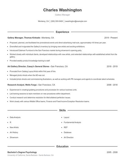 Gallery Manager Resume