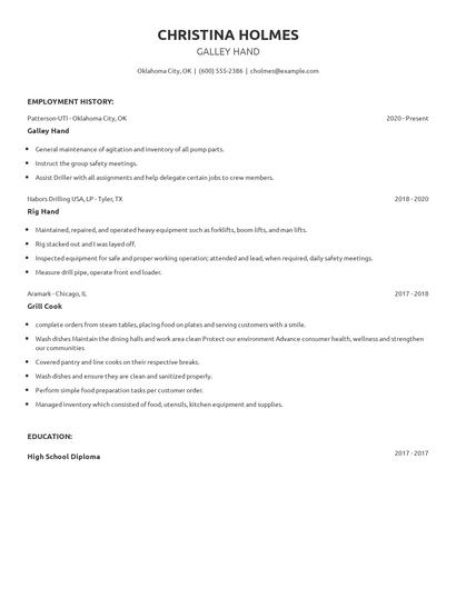 Galley Hand Resume
