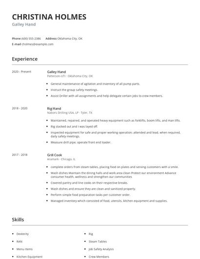 Galley Hand Resume