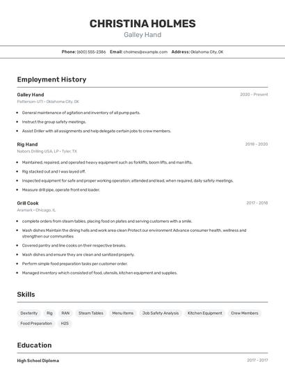 Galley Hand Resume