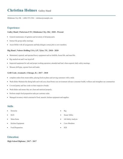 Galley Hand Resume