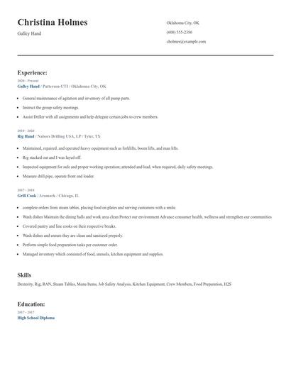 Galley Hand Resume