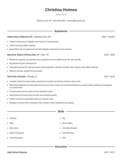 Galley Hand Resume