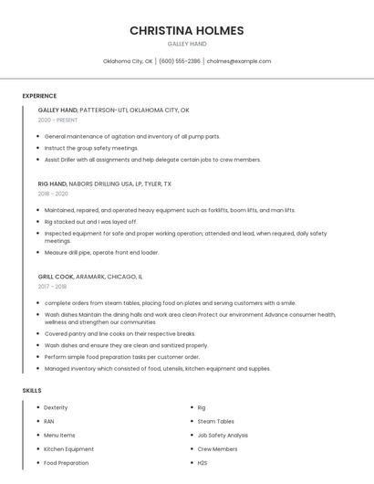 Galley Hand Resume