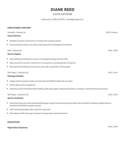Game Advisor Resume