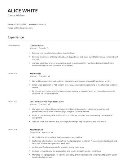 Game Advisor Resume