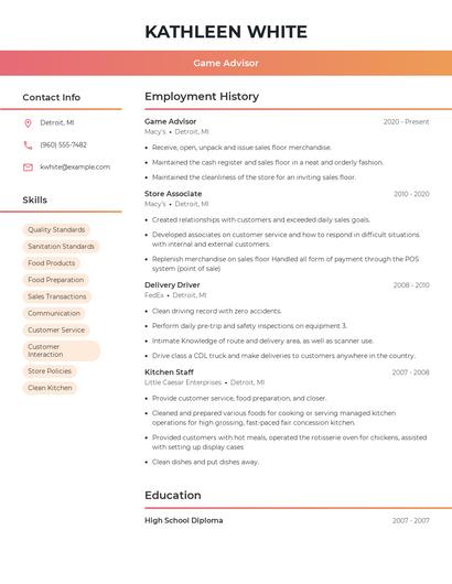 Game Advisor Resume